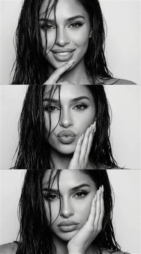 Prompt ⬇️ Photo 9:16. This is a black-and-white collage consisting of three vertically arranged photos of the same girl. The images are created in a “selfie” or close-up portrait style. Here is a detailed description of the composition: Main Elements • Appearance: The girl has dark, wet hair falling in strands over her face and shoulders. Her makeup is expressive: thick mascara-coated lashes, defined brows, and contoured lips. She has long nails painted in a light shade (likely white or nude). •