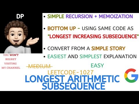 Longest Arithmetic Subsequence | Recur + Memo | Bottom Up | GOOGLE | Leetcode-1027 | Live Code