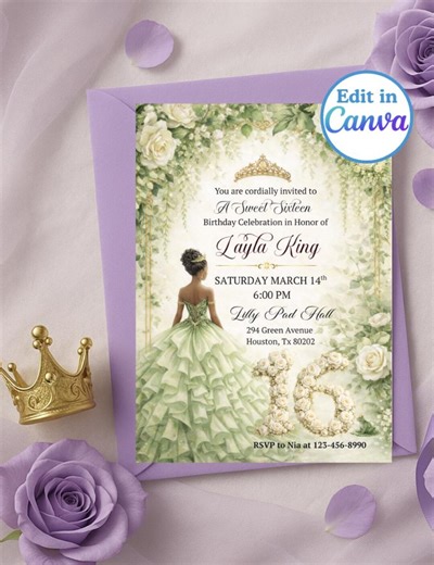 Princess Tiana Sweet 16 Invitation, Green Gold Floral Birthday Invite, Princess and the Frog Theme Party, Elegant Quinceanera - Etsy
