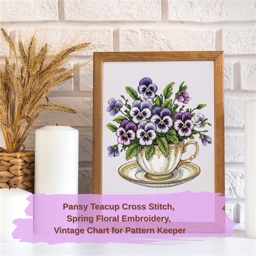 Pansy Teacup Cross Stitch, Spring Floral Embroidery, Vintage Chart for Pattern Keeper - Etsy