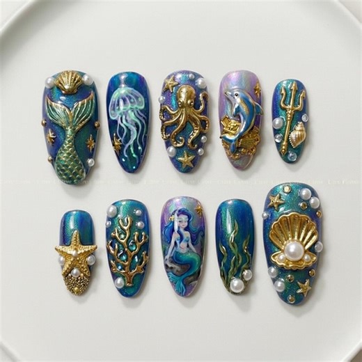 Mermaid Press on Nails | Luxury 3D Sea Shell and Starfish Fake Nails | Ocean Deep Blue Teal Nails | Magical Under the Sea Glue on Nails - Etsy