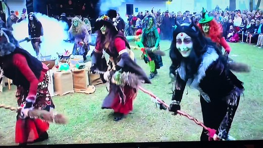Witches Dance in Walpurgis Night,Germany.I love these witches.Watch them every year around this time.My fave is the witch to the far right in black with the horns.She really gets down! #witch #halloween #germany