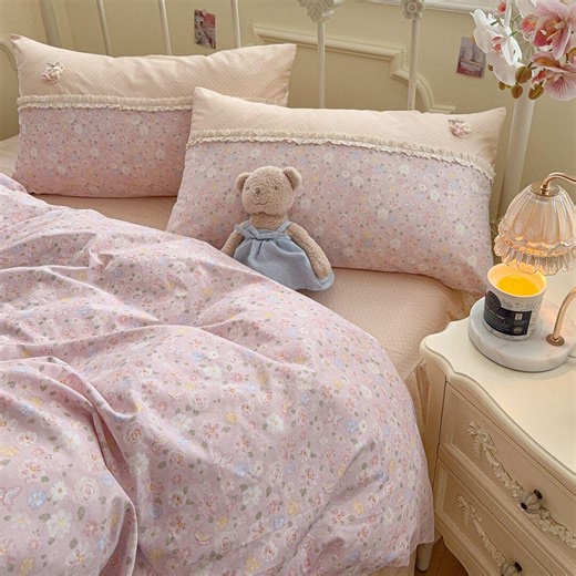 Pink Floral Bedding Set Lace Trim Duvet Cover Cottagecore Comforter Cover Soft Girl Romantic Bedroom Decor - Etsy