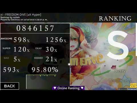 [3.17★] FREEDOM DiVE - xi (4K Hyper) S 95,80% 846.157 | osu!mania