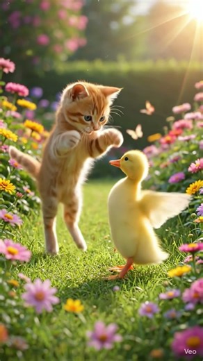 🐱Kitten& Duck Cute Friendship Playtime 🦆#CuteAnimals #KittenDuck#AnimalFriendship #ViralPets #AICute