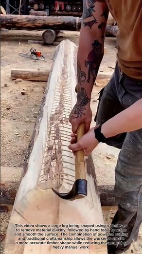 Traditional hand tools are used for detailed finishing after the chainsaw work. #ChainsawSkills