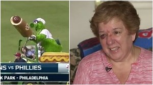 Phanatic Shoots Phillies Fan in the Face With Hot Dog Cannon