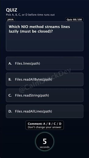 Quiz - 088 | Which NIO method streams lines lazily (must be closed)? | #shorts #java #quiz