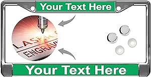 Custom Personalized Chrome-Plated Metal Laser Engraved Standard Size - Car/Automobile License Plate Frame with Free caps - Green/White Text (Qty: 1 Frame)