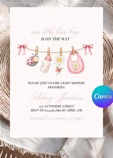 Spring Lady Bug Baby Shower Invitation, Girls Clothesline Baby Sprinkle Invite, Daisy Floral Invitation, Editable, Printable - Etsy
