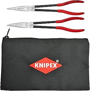 KNIPEX Tools - 2 Piece Extra Long Needle Nose Pliers Set With Keeper Pouch (28 71 280, 28 81 280 and 9K 00 90 12 US) (9K0080128US)