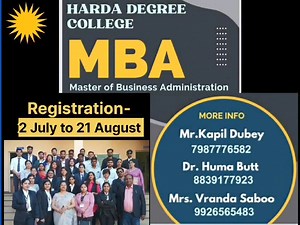 Harda Degree College #MBA_Registration Scholarship based admission for SC/ST/OBC Students Last date of Registration: 21 Contact at: Mr. Kapil Dubey : 7987776582 Dr. Huma Butt : 8839177923 Mrs. Vranda Saboo : 9926565483 . . . #Harda #bhopal #indore | Harda Social Media | Facebook