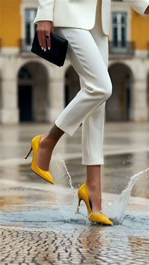 She Steps Into a Puddle and Jumps