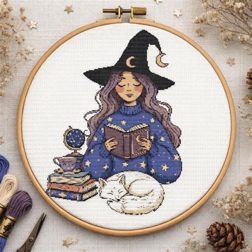 Moon Witch Cross Stitch Pattern PDF | Magic Reading Girl | Celestial Design | Instant Download - Etsy