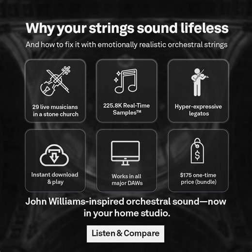 Ever wish your strings could actually breathe? Adastra Ensemble Strings captures the soul of real musicians — 11 violins, 8 violas, 6 cellos, and 4 basses recorded in a stunning stone church. From whisper-soft legatos to massive, cinematic swells — it feels alive, organic, and real. This isn’t just another sample library. It’s a living, emotional instrument for storytellers. | Soundpaint