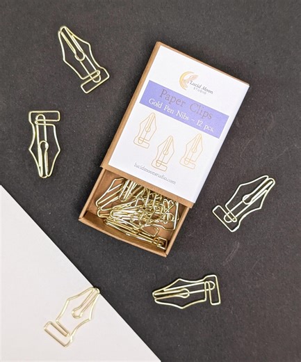 Boxed Gold Pen Nibs Paper Clips: 12 Count, Letter Writing, Office, Planner, Organization, Snail Mail, Stationery, Journal