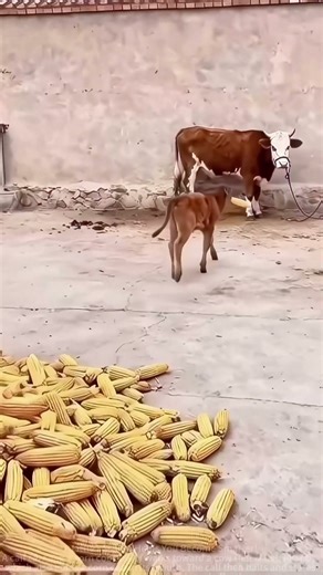 Calf with Corn Cob Looks Deeply at Cow, Appears to Be Making an Offer