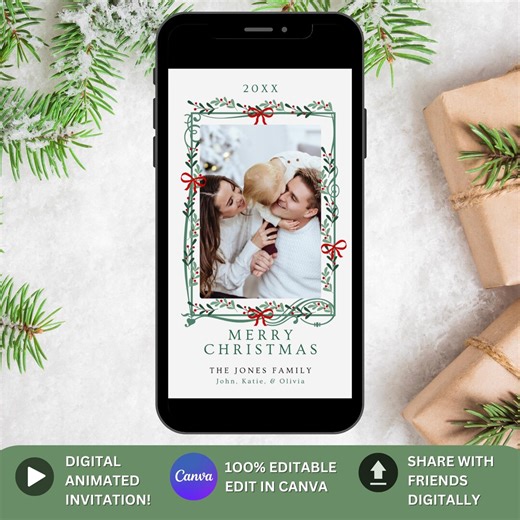 Animated Christmas Photo Card Template, Digital Xmas Card Video, Custom Photo Card Watercolor Holiday Video, Editable Mobile Christmas Card - Etsy