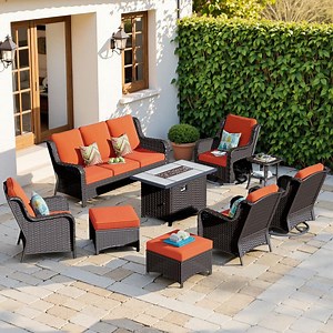OVIOS Joyoung Brown 9-Piece Wicker Patio Rectangle Fire Pit Conversation Set with Orange Red Cushions and Swivel Chairs CFPNTC808R