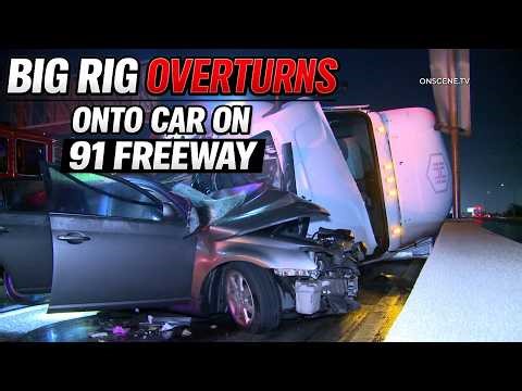 Big Rig Overturns Onto Car on 91 Freeway