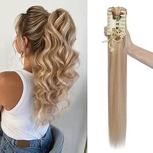 Amazon.com : TESSHAIR Claw Clip In Ponytail Extension, 100% Human Hair Ponytail Extension, No Tangle & Smooth, 105g, 16 Inch #Blonde & Bleach Blonde : Beauty & Personal Care