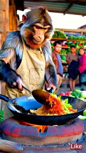 🐒 Street Chef Monkey Cooking Spicy Fried Rice #monkey #StreetFood #FriedRice #monkeyvlog