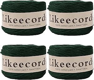 100% Cotton Macrame Cord 1.5mm x 656 Yards (600m) 1.5m Macrame Yarn Crochet Macrame Bag Cord Crafts for Bags and Knitting Home Decorations(Dark Green)