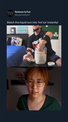 Science Is Fun By Tomas Rosko on Instagram: "Hot ice is a fascinating substance made from a chemical called sodium acetate. Despite its name, it’s not actually hot - it just releases heat when it solidifies. To make hot ice, you mix baking soda (sodium bicarbonate) and vinegar (acetic acid), which react to form sodium acetate along with carbon dioxide and water. The resulting liquid is then heated to evaporate excess water, leaving behind a supersaturated sodium acetate solution. When this clear