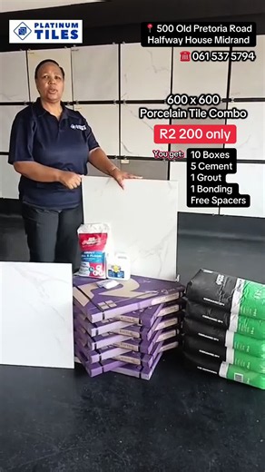 600 x 600 Porcelain Tile Combo R2 200 only You get: 10 Boxes 5 Cement 1 Grout 1 Bonding Liquid Free Spacers Limited stocks available 📍 500 Old Pretoria Road Halfway House Midrand ☎️ 061 537 5794 WE ARE OPEN MONDAY TO SATURDAY #porcelaintiles #fyp #tileshop