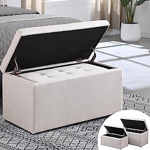 Storage Ottoman Bench with 2.56-inch Thick Seat, 31.5 inch Nesting Ottoman Set of 2, Hinged Flip Top Bench with Storage for Living Room, Bedroom, Beige