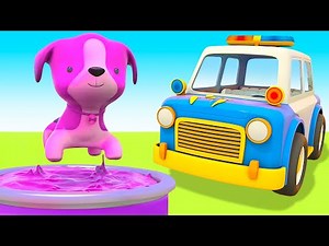 The puppy needs help! Police car cartoon for kids. Helper Cars ready to go. Cars and trucks for kids