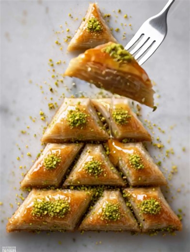 11K views · 34 reactions | Pistachio Baklava Christmas Tree Crispy golden layers of buttery phyllo filled with pistachios and honey syrup, shaped like a festive tree. Yield: 16 pieces | Temp: 350°F (175°C) | Time: 1 hour Key Ingredients First: Phyllo dough sheets Unsalted butter (melted) ................................. Full Recipe in First Cօʍʍеոτ  | Kitchen Pop | Facebook