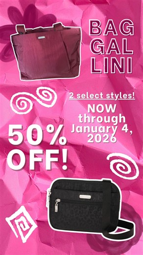 ✈️ Travel Smarter with Baggallini — Limited-Time 50% OFF! ✈️ If you love organized, stress-free travel, this deal is for you! For a limited time, save 50% OFF two must-have Baggallini travel handbags — designed to make every trip easier, lighter, and more stylish. (In-store and online NOW through January 4, 2026.) 👜 Multi-Compartment Tote (Large Bag): Perfect as a travel carry-on, this roomy tote comes in 4 versatile colors and features multiple compartments to keep everything organized. It fit
