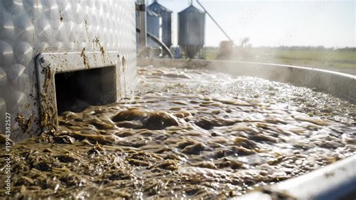 Steam rises from bubbling organic biomass in a tank at a green energy biogas plant on a farm.