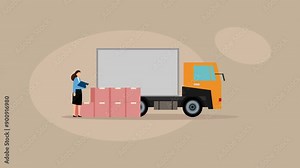 Logistics worker and courier loading truck cartoon animation