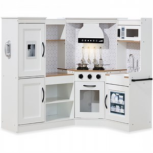 Best Choice Products Pretend Play Corner Kitchen, Interactive Wooden Kids Set w/ Lights & Sounds - Farmhouse White