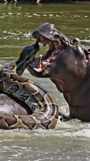 python is fighting with hippopotamus.#python #pawlaughs #hippopotamus#river#jungle#hippofight python