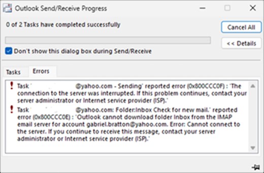Fix errore 0x800CCC0E e 0x800CCC0F con un account Gmail e Yahoo su Outlook