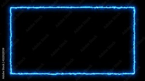 Empty frame with electric power round border glowing, burning flame sign. Blank rectangle fire with electric power around frame lights. The best stock of animation blue electric power round frame