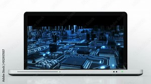 Laptop animation. Opening. Circuit board video on the screen. Highly detailed aluminum laptop with frontal DVD opening over white background. More options in my portfolio.