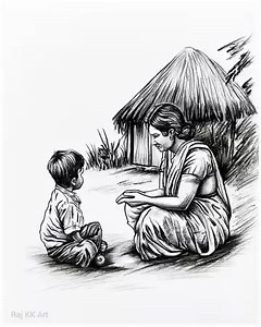 1.2K views · 31 reactions | Landscape drawing of mother and son talking near a hut for beginners #easydrawing #art #pencilsketch | Raj KK Art | Facebook