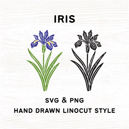 Iris Flower SVG - Blue Iris Clipart - Hand Drawn Linocut Style - Etsy