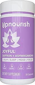 UpNourish Organic Ashwagandha Saffron Supplements with Probiotics - Stress Relief, Mood Enhancer, Calm Happy Pills Support Fatigue Focus Clarity with L-Theanine, Rhodiola, 30 Vegan Capsules