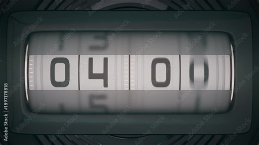 Retro mechanical drum clock rolling rapidly through a full 24-hour cycle. Seamless loop of an odometer-style timer ideal for concepts of passing time, deadlines, and daily schedules.