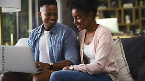 Man, woman, laptop and laughing on couch, social media and relax for streaming funny video in living room. Black couple, happy and pc with communication, technology and internet comedy for wellness