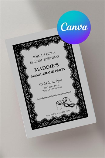 Elegant Masquerade Party Invitation Template | Formal Event, Canva Editable (PDF Download) - Etsy