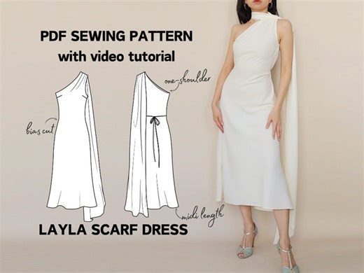 One Shoulder Scarf Dress Sewing Pattern: Layla Bias Cut Midi (PDF Digital Download) - Etsy