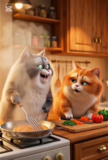 two cats, one long day, and a full tummy 🐾🍳”