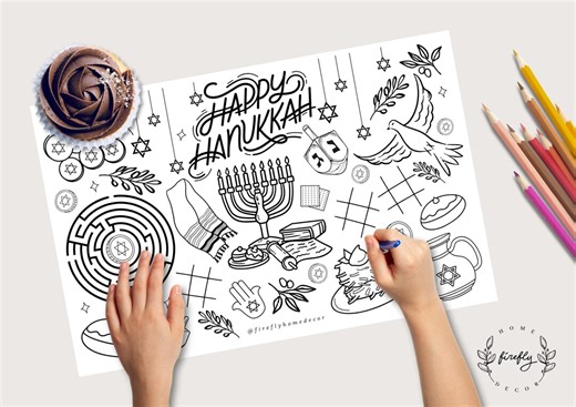 Happy Hanukkah Coloring Placemat | Party Activity | Kids Coloring Page | Table Mat | Family Games - Printable Digital INSTANT DOWNLOAD - Etsy