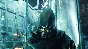 A cyber man in a cassock is working on a computer in his high-tech laboratory. Animation for futuristic, fiction, cyber and sci-fi backgrounds. A view of a cyborg in his laboratory of the future.